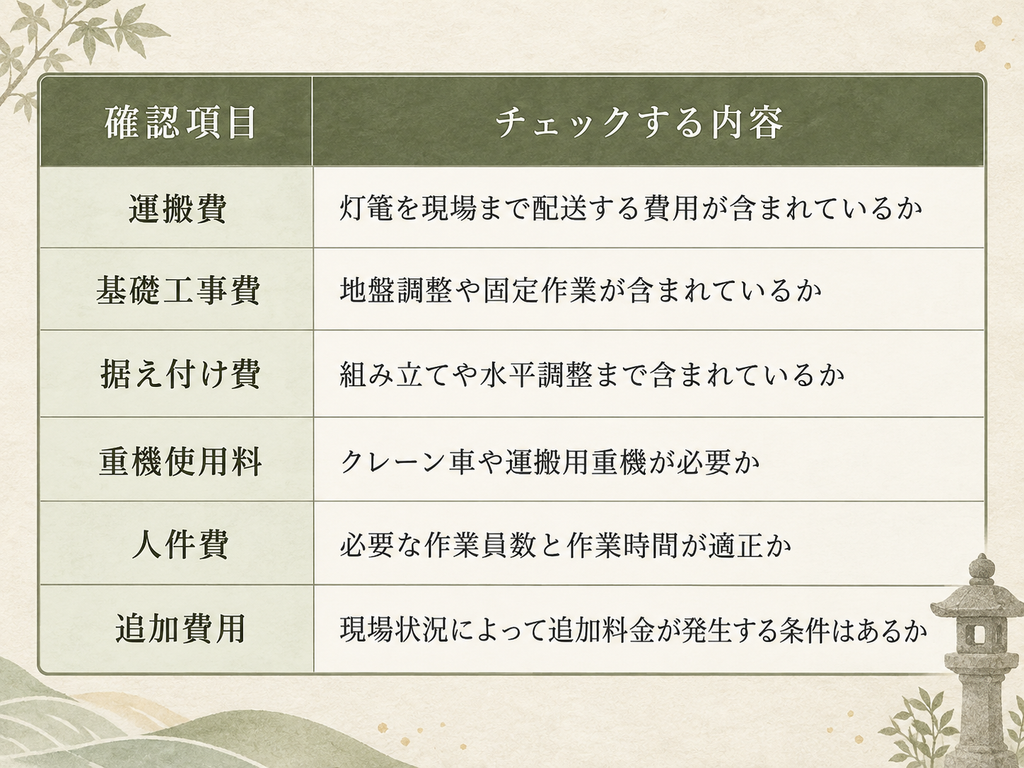 灯篭設置に関する費用の確認項目